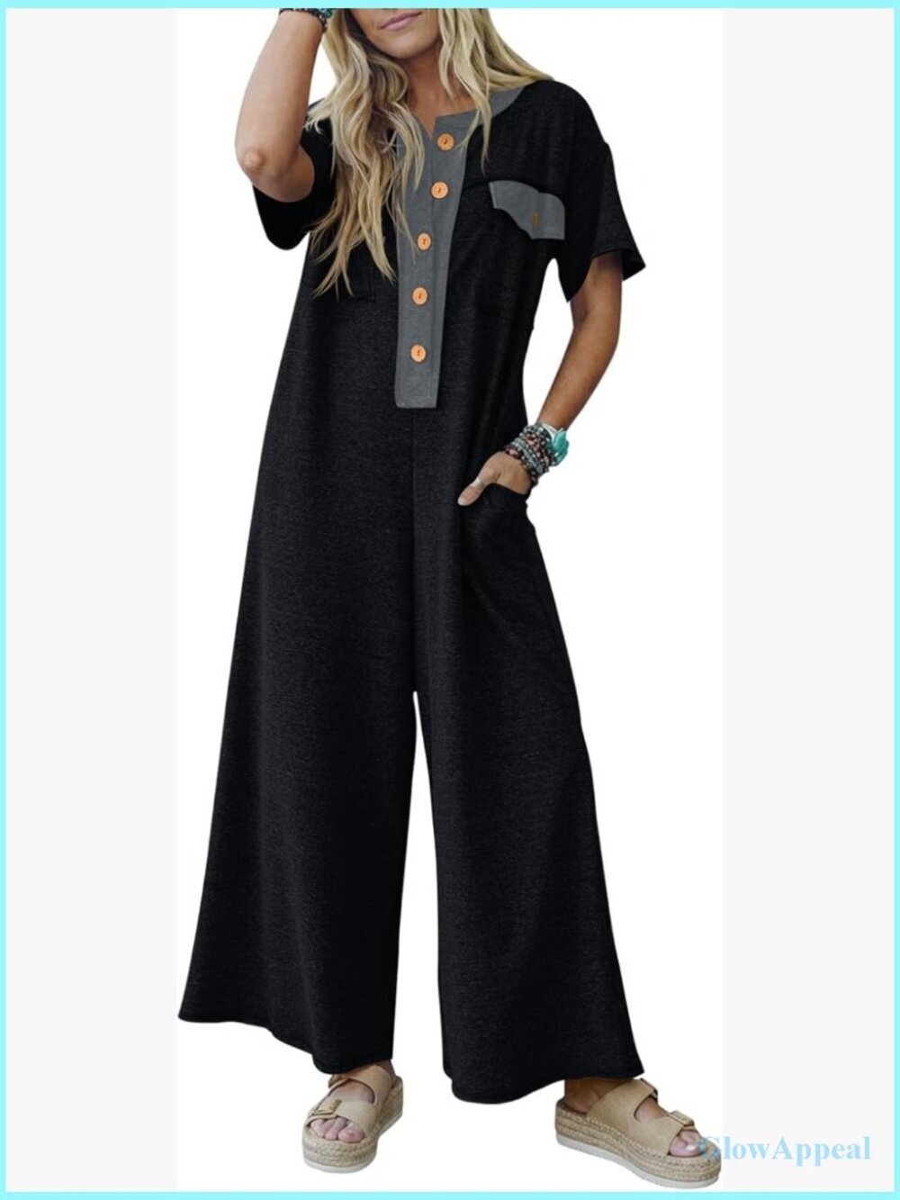 Casual Loose Wide Leg Jumpsuit Short Sleeve V-Neck Romper